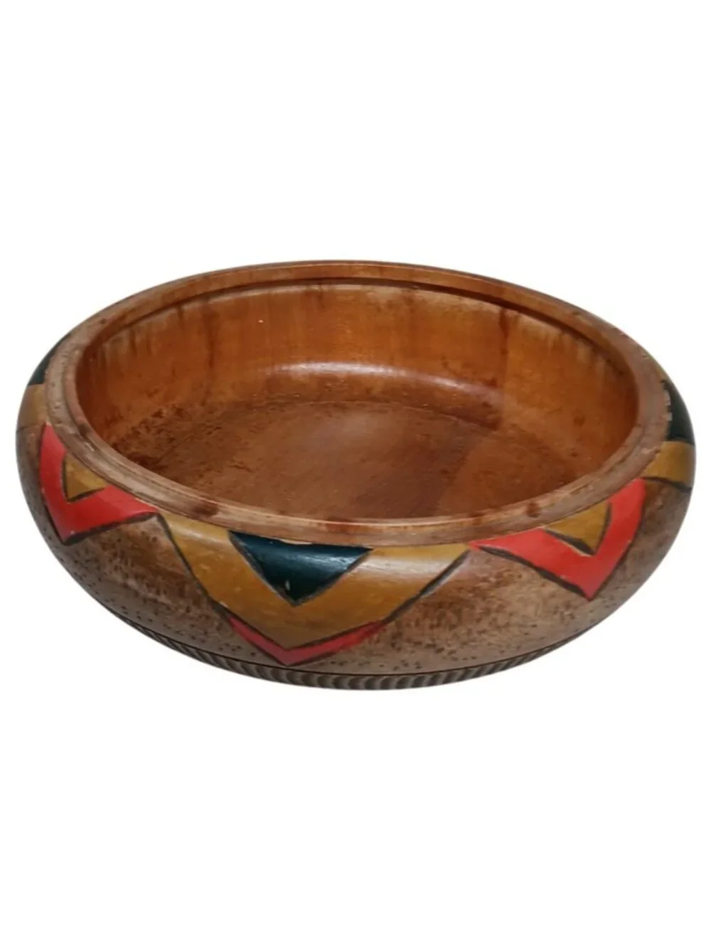 Primitive Ethnic Hand Carved Hand Painted Wooden Bowl Geometric Triangular 6.5